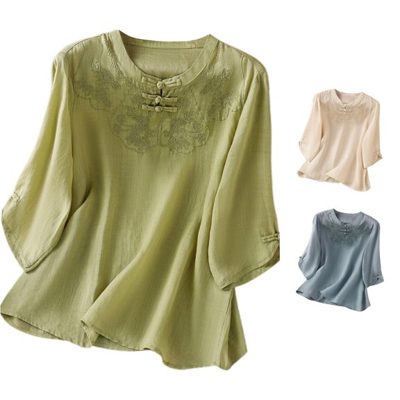 Trendfront Womens Embroidered Blouses Crewneck 3/4 Roll Tab Sleeve Button Boho Casual Tunic Tops Ethnic Everyday Pullover Shirts
