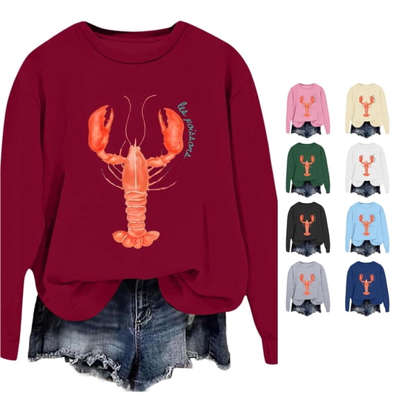 Trendfront Womens Everyday Lobster Graphic Sweatshirt Crewneck Long Sleeve Relaxed Fit Casual Fall Coastal Pullover Sweater Tops