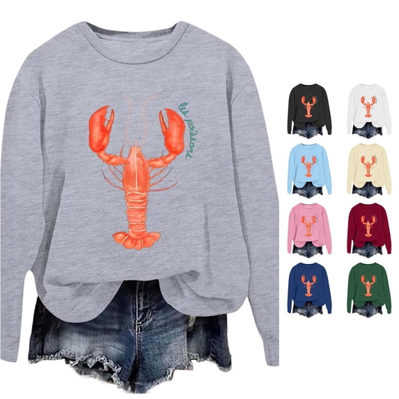 Trendfront Womens Everyday Lobster Graphic Sweatshirt Crewneck Long Sleeve Relaxed Fit Casual Fall Coastal Pullover Sweater Tops