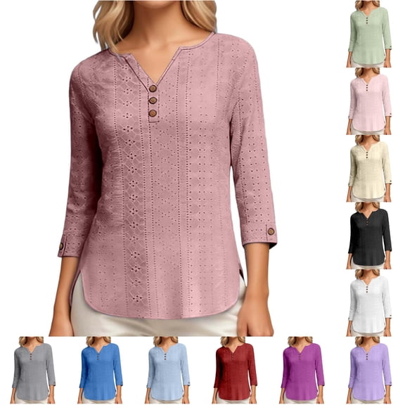 Trendfront Womens Eyelet Blouse Notch V Neck 3/4 Sleeve Button Detail Tee Casual Solid Color Loose Fit Tunic Tops