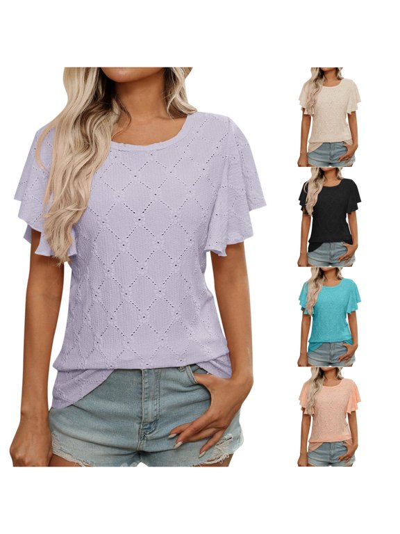 Womens Eyelet Embroidery Blouses Crewneck Flutter Short Sleeve Solid Color Casual Loose Fit Tee Business Casual Shirts