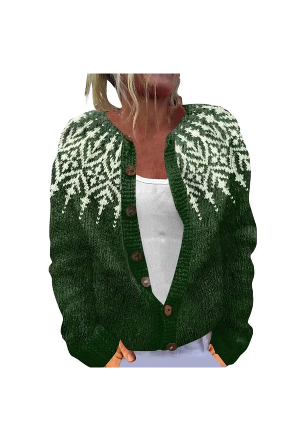 Womens Fair Isle Cardigan Long Sleeve Crew Neck Button Front Nordic Pattern Ribbed Trim Relaxed Fit Casual Winter Sweater