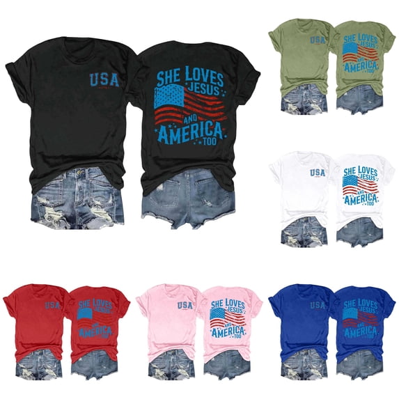 Trendfront Womens Faith Graphic T Shirts Crewneck Short Sleeve She Loves Jesus And America Too USA American Flag Front And Back Print 250th Anniversary 4th Of July Tee Tops