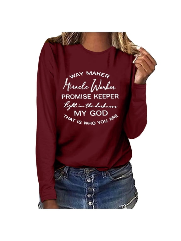 Womens Faith Slogan Graphic T Shirts Crewneck Long Sleeve Religious Print Casual Fall Tee Tops for Women