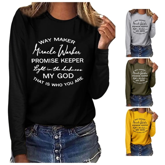 Trendfront Womens Faith Slogan Graphic T Shirts Crewneck Long Sleeve Religious Print Casual Fall Tee Tops for Women