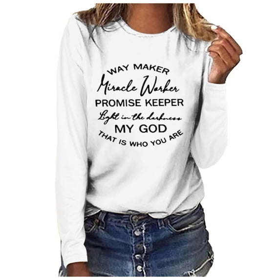 Trendfront Womens Faith Slogan Graphic T Shirts Crewneck Long Sleeve Religious Print Casual Fall Tee Tops for Women