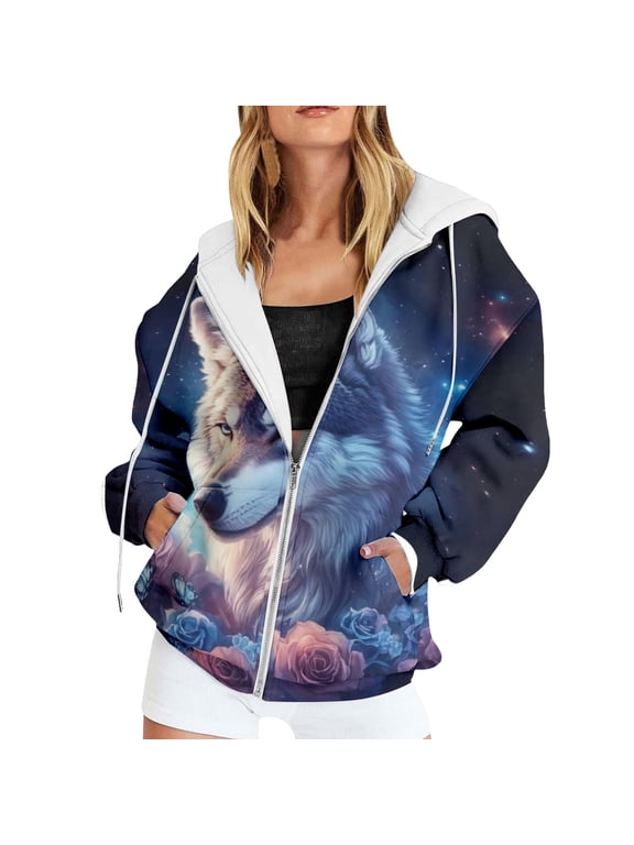Womens Fall Galaxy Wolf Graphic Full Zip Hoodie Long Sleeve Fantasy Animal Print And Front Pockets Relaxed Casual Sweatshirt Jacket