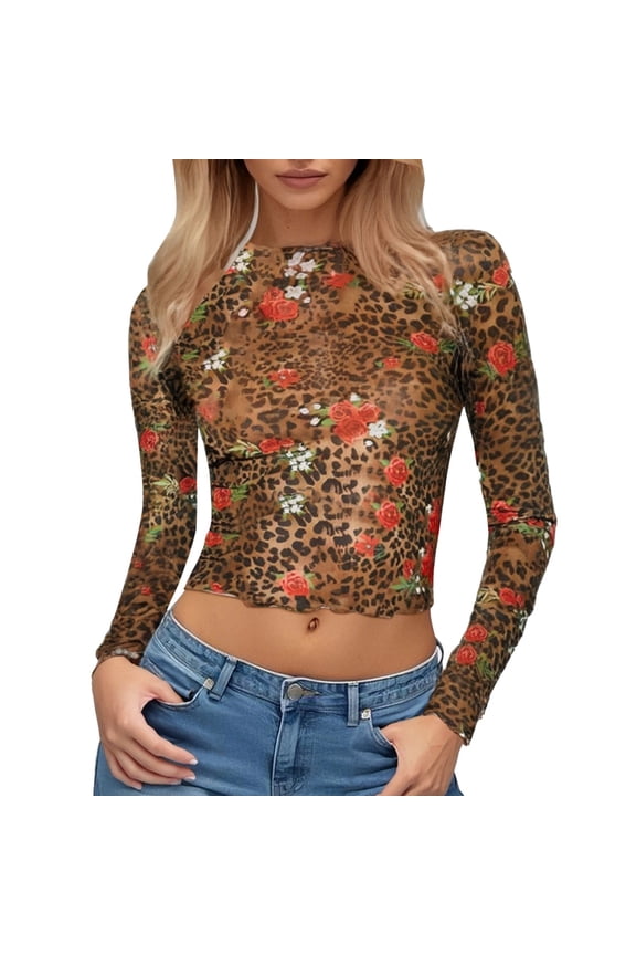 Womens Fashion Leopard Print Floral Graphic Mesh Crop Top With Cheetah Print Accent Crewneck Long Sleeve Sheer Fitted Style Party Night Out Tee Tops