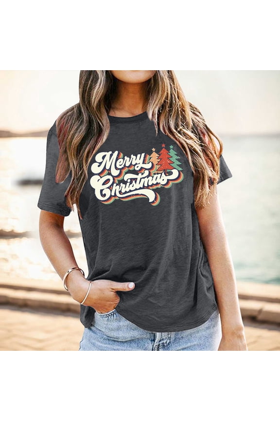 Womens Festive Christmas Graphic Tops Crewneck Casual Loose Fit Short Sleeve Tee Trendy Fashion T Shirts Pullover Daily Wear