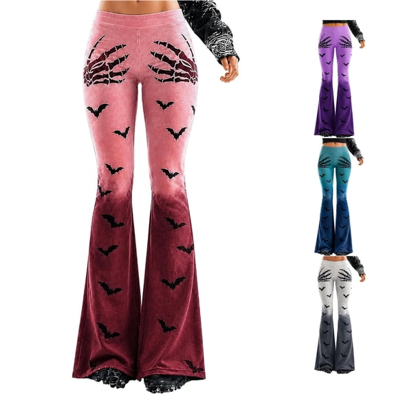 Trendfront Womens Flare Pants Halloween Bat Claw Graphic Print High Waist Bell Bottom Lace Gothic Trousers