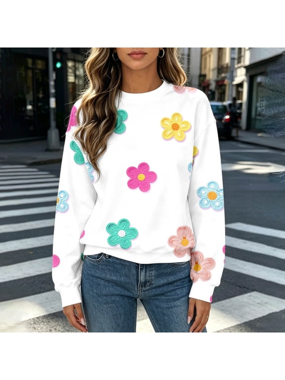 Womens Floral Embroidered Sweatshirts Crewneck Long Sleeve Colorful Flower Pattern Casual Loose Fit Pullover Tops