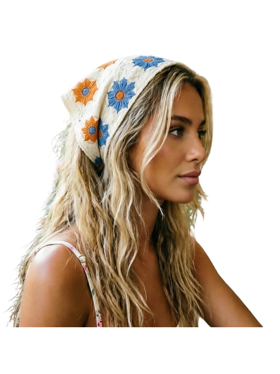 Womens Floral Head Scarf Openwork Triangle Shape Flower Pattern Tie Back Hair Bandana Scalloped Edge Boho Kerchief Headwear