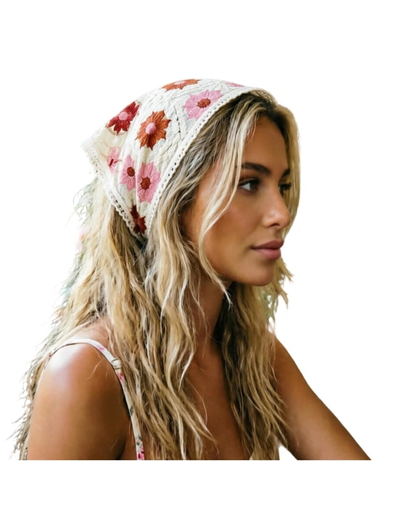 Womens Floral Head Scarf Openwork Triangle Shape Flower Pattern Tie Back Hair Bandana Scalloped Edge Boho Kerchief Headwear