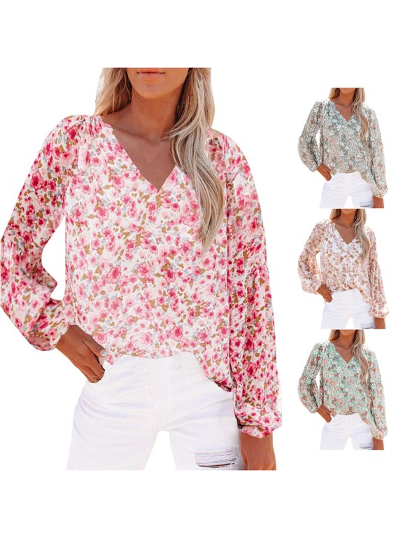 Womens Floral Print Blouses V Neck Long Bishop Sleeve Relaxed Fit Casual Fall Work Shirt Tops for Women