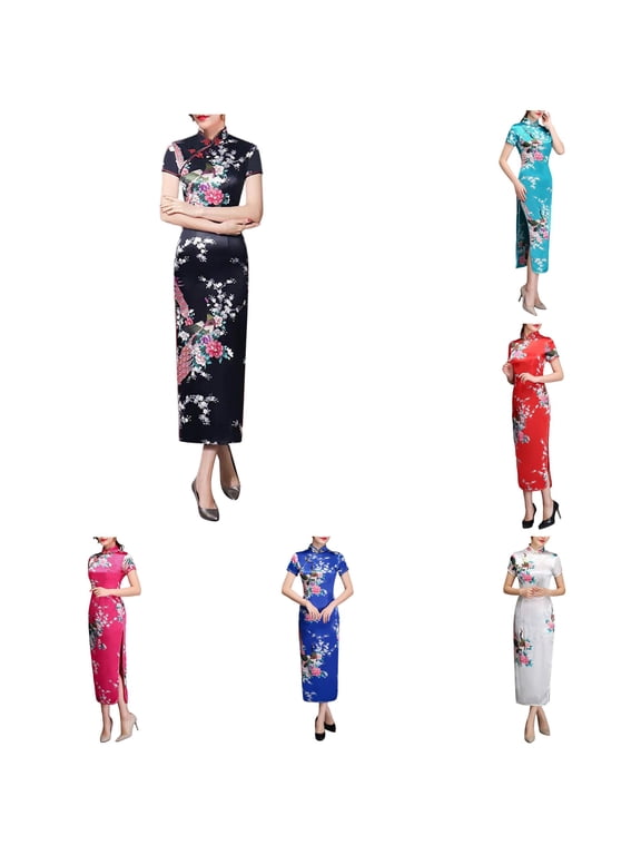 Womens Floral Print Qipao Dress Mandarin Collar Short Sleeve Fitted Elegant Midi Cheongsam