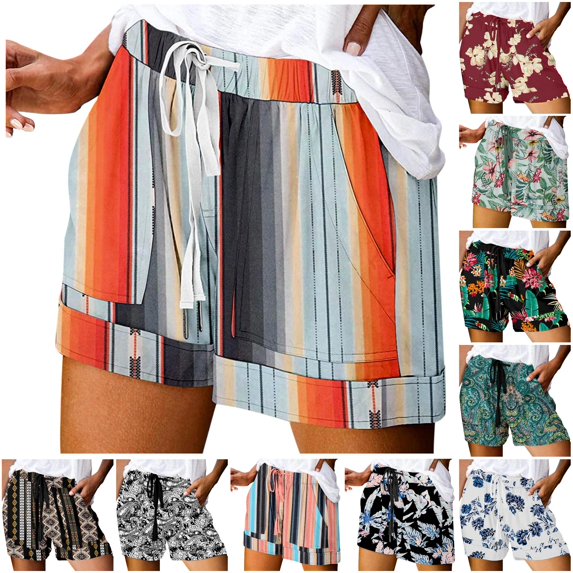 Trendfront Womens Floral Shorts Drawstring Waist Side Pockets Rolled Hem Relaxed Casual Summer Lounge Bottoms