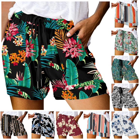 Trendfront Womens Floral Shorts Drawstring Waist Side Pockets Rolled Hem Relaxed Casual Summer Lounge Bottoms