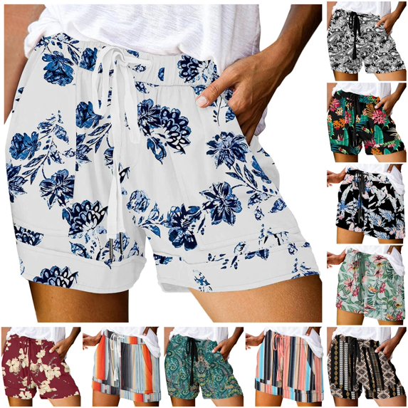 Trendfront Womens Floral Shorts Drawstring Waist Side Pockets Rolled Hem Relaxed Casual Summer Lounge Bottoms