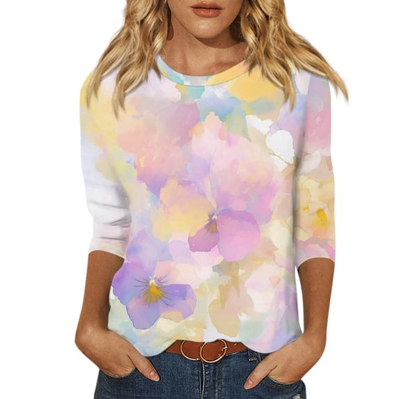 Trendfront Womens Floral T Shirt Watercolor Flower Print Crewneck 3/4 Sleeves Casual Spring Graphic Tee