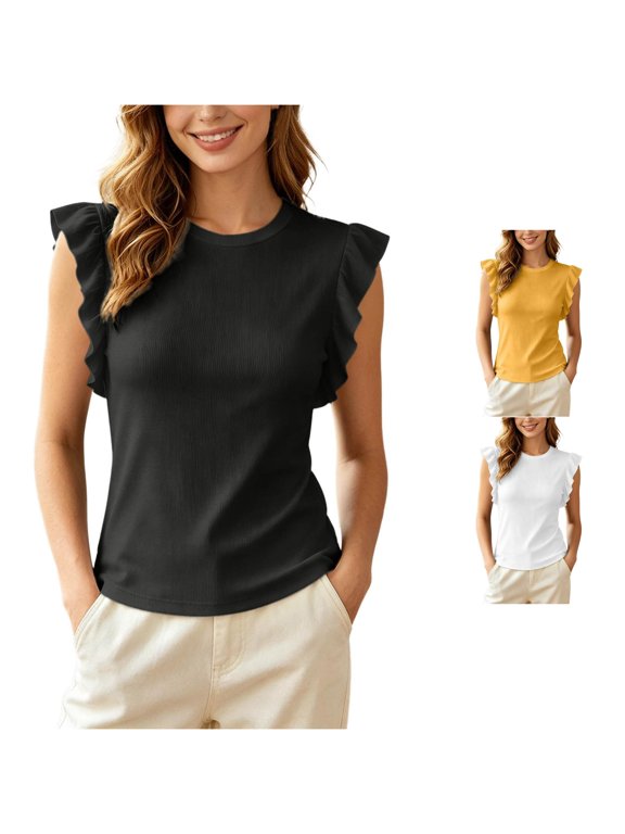 Womens Flutter Sleeve T Shirt Solid Color Crewneck Ruffle Sleeve Ribbed Texture Casual Summer Blouse Everyday Tops