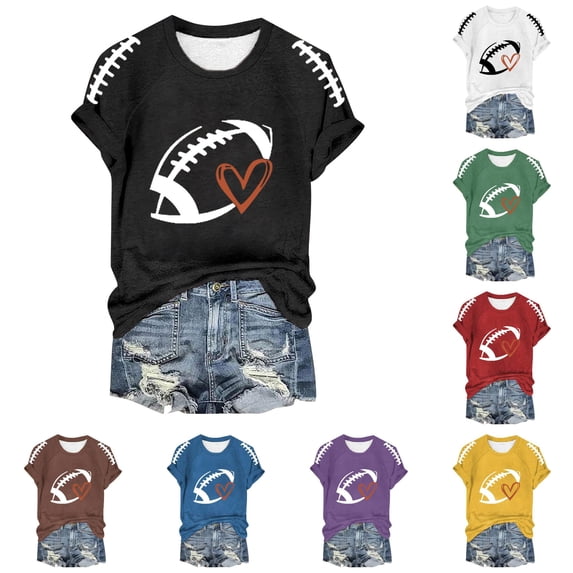 Trendfront Womens Football Graphic T Shirts Crewneck Short Raglan Sleeve Game Day Heart Print Sports Fan Casual Tee Tops