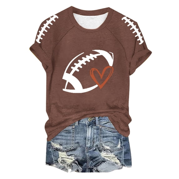 Trendfront Womens Football Heart Graphic Print T Shirts Crew Neck Tee Short Sleeve Game Day Sports Fashion Summer Tops
