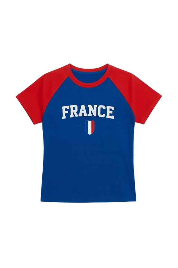 Womens France Letter Graphic T Shirts Crewneck Short Sleeve Contrast Raglan Country Pride Football Fan Match Day Tee Tops