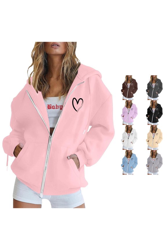 Womens Full Zip Hoodie Long Sleeve Heart Print Hooded Sweatshirt With Pockets Casual Lightweight Zip Up Jacket