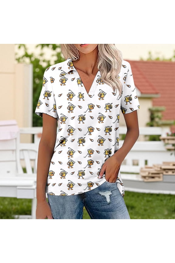 Womens Funny Beer Graphic Golf Polo Shirts Collared V Neck Short Sleeve All Over Print Athletic Performance Activewear Top