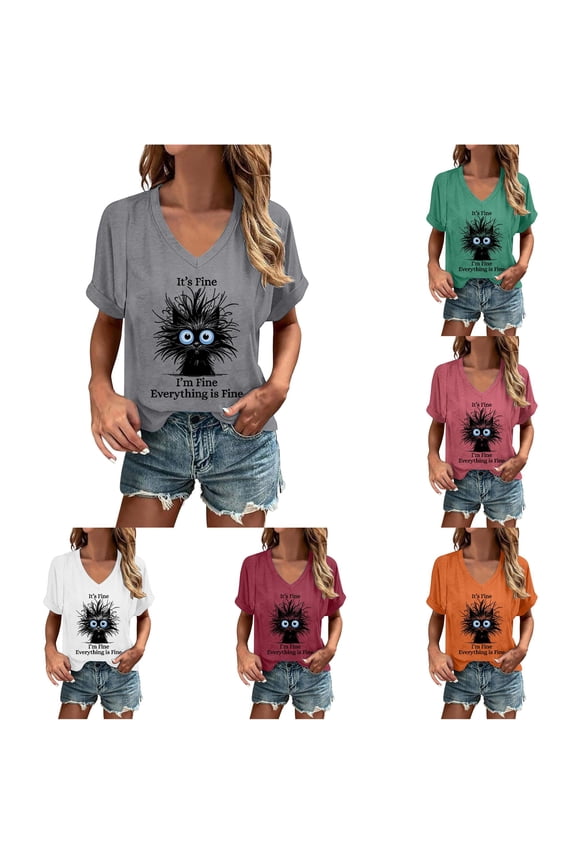 Womens Funny Cat Graphic Tee Fashion V-Neck Short Sleeve Tops Summer T-Shirts Casual Slogan Print Weekend Relaxed Pullover Shirt
