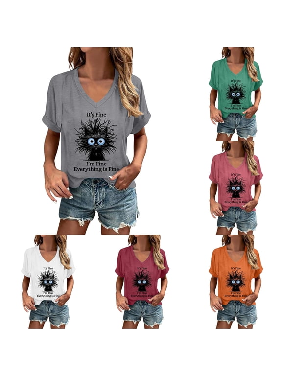 Womens Funny Cat Graphic Tee Fashion V-Neck Short Sleeve Tops Summer T-Shirts Casual Slogan Print Weekend Relaxed Pullover Shirt