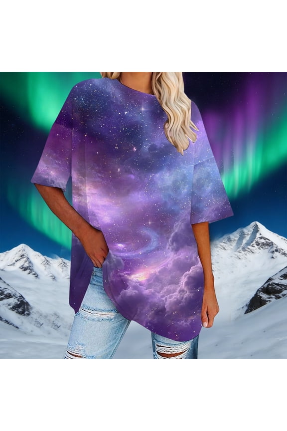 Womens Galaxy Graphic Tunic Top Crewneck 3/4 Sleeve Aurora Nebula Print Oversized Casual Loose Fit Blouse