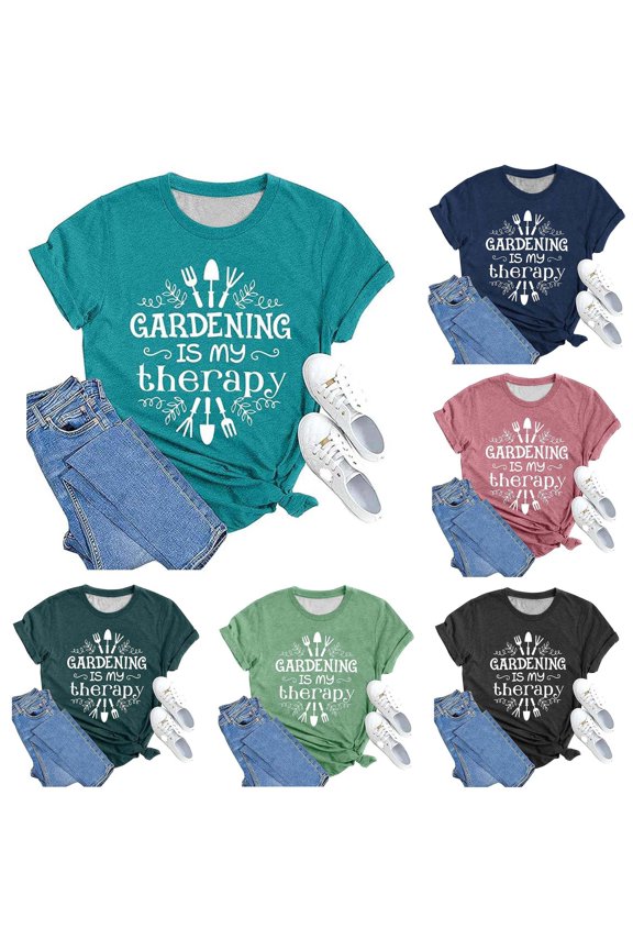 Womens Gardening Is My Therapy Graphic T Shirts Crewneck Short Sleeve Garden Lover Quote Print Casual Tee Tops