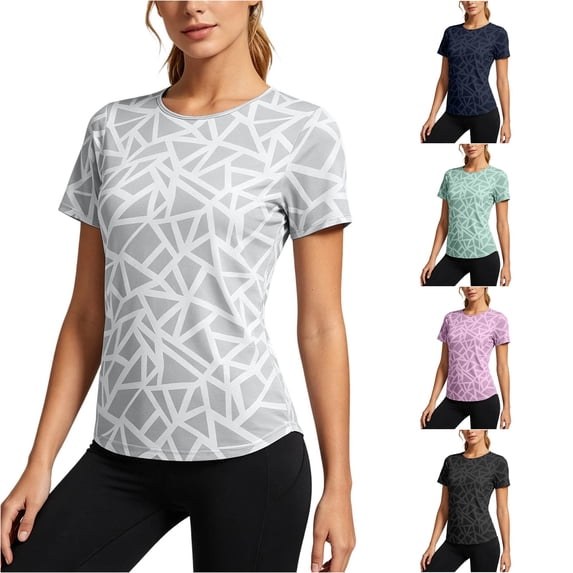 Trendfront Womens Geometric Pattern T Shirts Crew Neck Short Sleeve All Over Abstract Print Athletic Performance Gym Workout Activewear Top