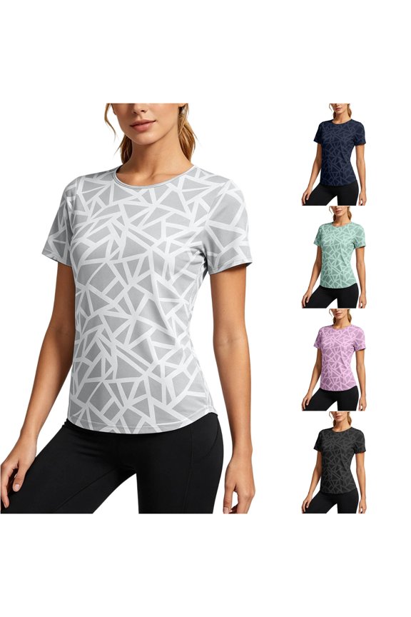 Womens Geometric Pattern T Shirts Crew Neck Short Sleeve All Over Abstract Print Athletic Performance Gym Workout Activewear Top