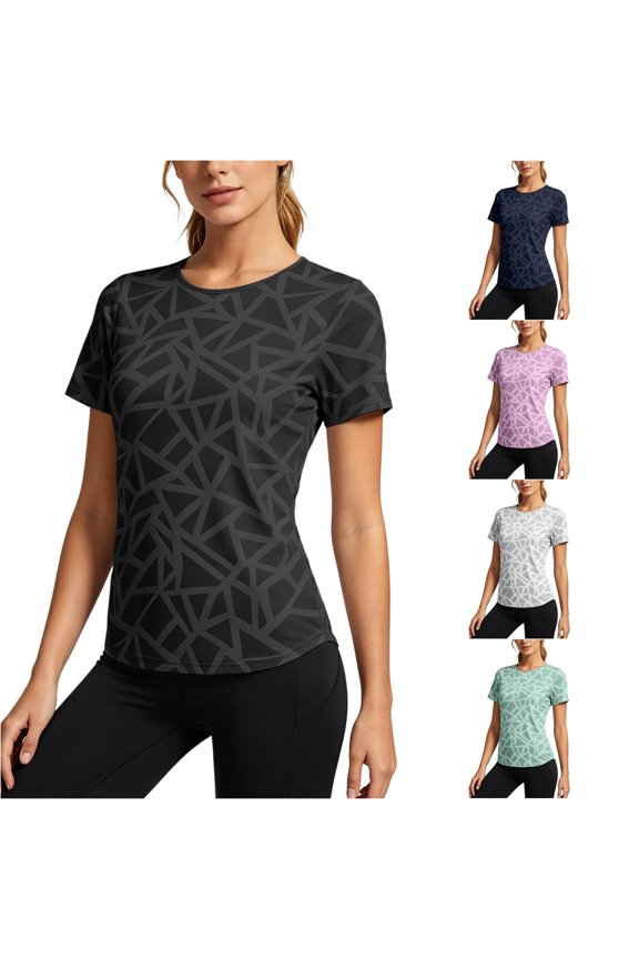 Womens Geometric Pattern T Shirts Crew Neck Short Sleeve All Over Abstract Print Athletic Performance Gym Workout Activewear Top