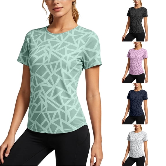 Trendfront Womens Geometric Pattern T Shirts Crew Neck Short Sleeve All Over Abstract Print Athletic Performance Gym Workout Activewear Top