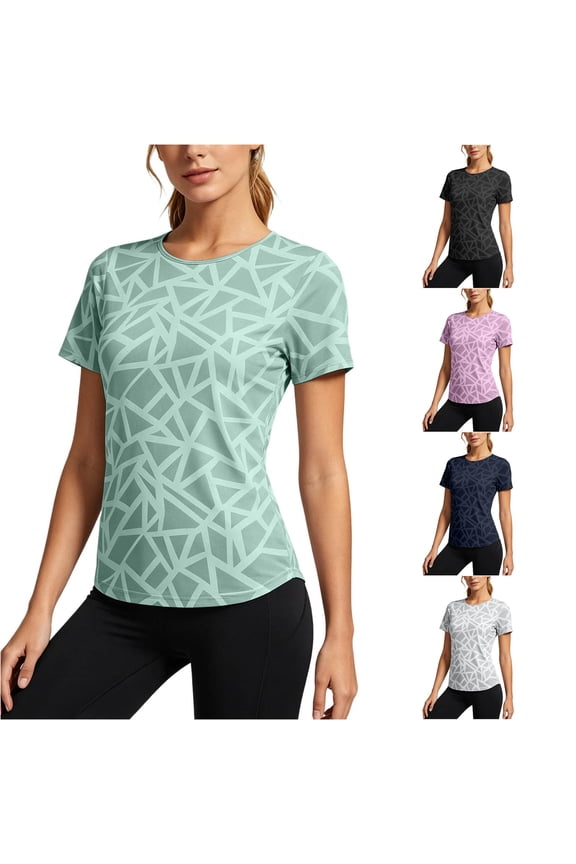 Womens Geometric Pattern T Shirts Crew Neck Short Sleeve All Over Abstract Print Athletic Performance Gym Workout Activewear Top