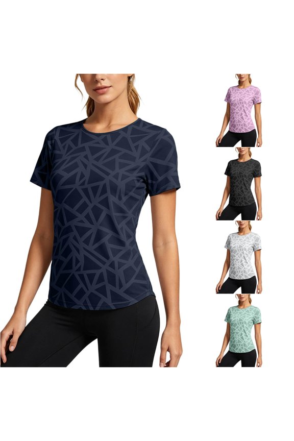 Womens Geometric Pattern T Shirts Crew Neck Short Sleeve All Over Abstract Print Athletic Performance Gym Workout Activewear Top