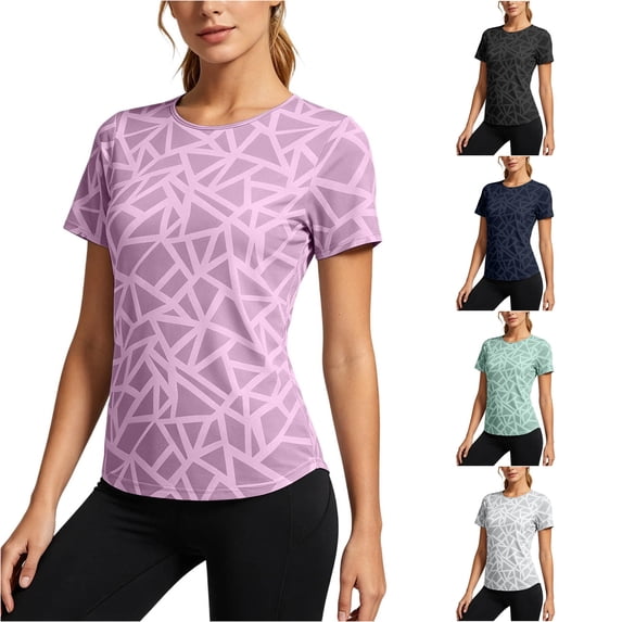 Trendfront Womens Geometric Pattern T Shirts Crew Neck Short Sleeve All Over Abstract Print Athletic Performance Gym Workout Activewear Top