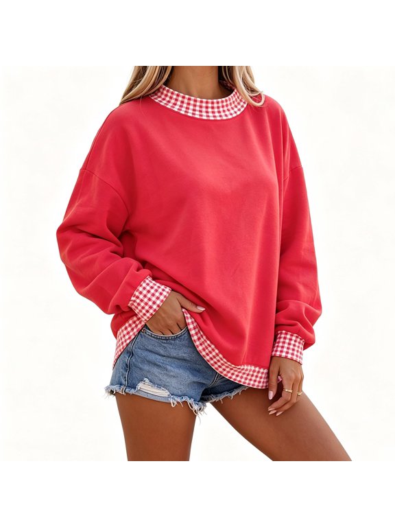 Womens Gingham Contrast Sweatshirts Long Sleeve Crewneck Layered Hem Casual Loose Fit Pullover Tops