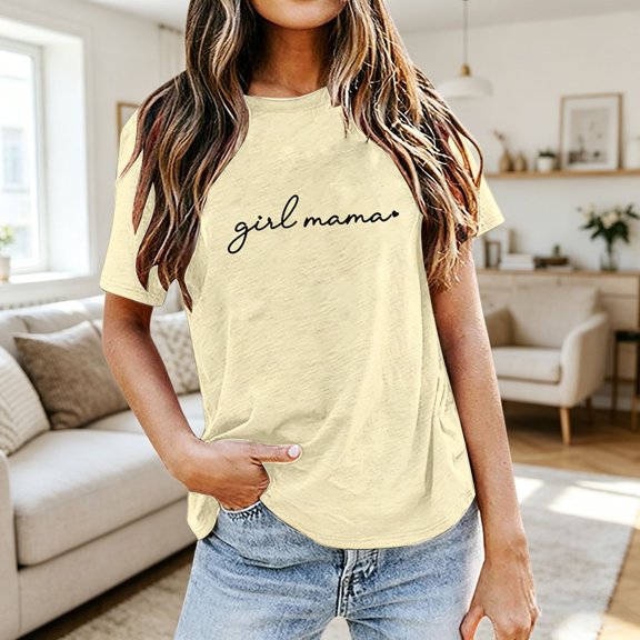 Trendfront Womens Girl Mama T Shirts Short Sleeve Crewneck Graphic Tee Minimalist Cursive Script Heart Printed New Mother Gifts Cute Casual Tops