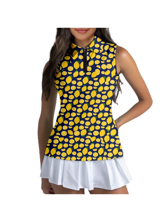 Womens Golf Polo Shirts Lemon Print Sleeveless Quarter Zip Collared Pleated Performance Athletic Tennis Sport Tops