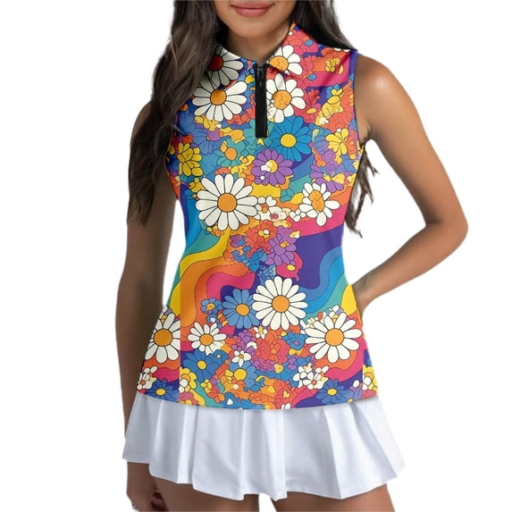 Trendfront Womens Golf Polo Shirts Retro Daisy Floral Rainbow Print Sleeveless Quarter Zip Collared Athletic Tennis Sport Tops