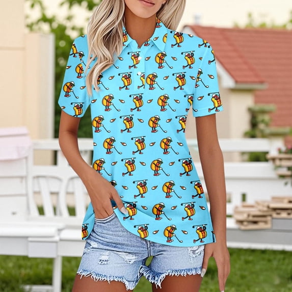 Trendfront Womens Golf Polo Shirts Short Sleeve Collared Neck All Over Print Funny Golfer Cartoon Casual Performance Tops
