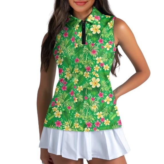 Trendfront Womens Golf Polo Shirts Tropical Floral Print Sleeveless Quarter Zip Collared Pleated Athletic Tennis Tee Tops