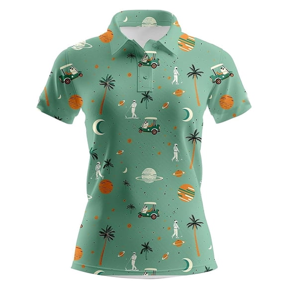 Trendfront Womens Golf Print Polo Shirts Collared Short Sleeve Palm Tree Celestial Casual Summer Tops Match Day Outfit