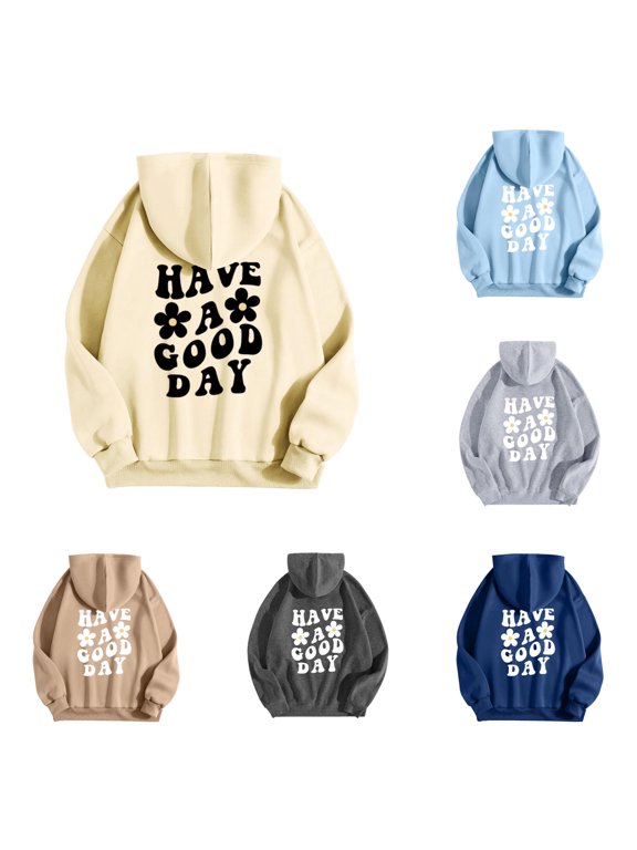 Womens Have A Good Day Graphic Pullover Hoodie Long Sleeve Daisy Letter Graphic On Back Drawstring Hood Kangaroo Pocket Relaxed Fit Casual Sweatshirt