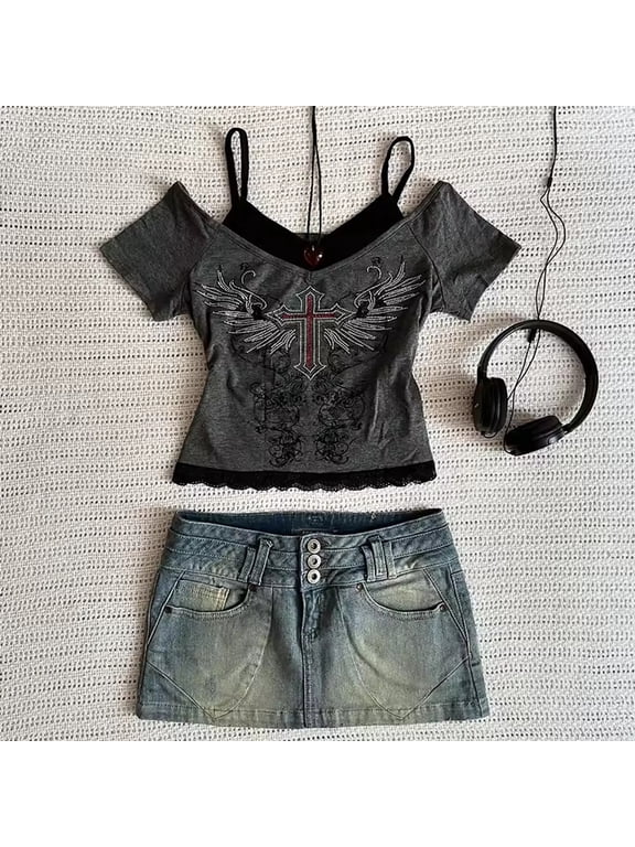 Womens Gothic Cross Wings Graphic T Shirt Cold Shoulder Layered Two Piece Tee Short Sleeve Slim Fit Lace Dark Grunge Punk Emo Tops