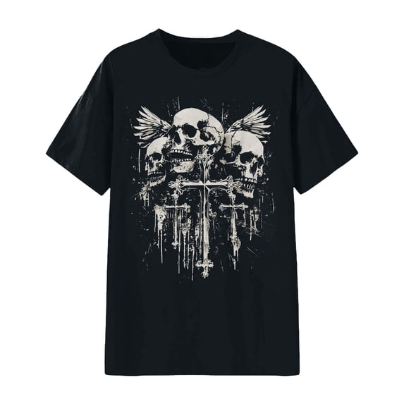 Trendfront Womens Gothic Graphic T Shirt Distressed Wing Cross Print Short Sleeve Crew Neck Alternative Graphic Tees